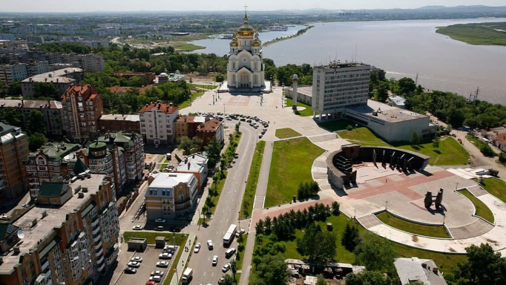 Visão aérea de Khabarovsk, cidade na Rússia